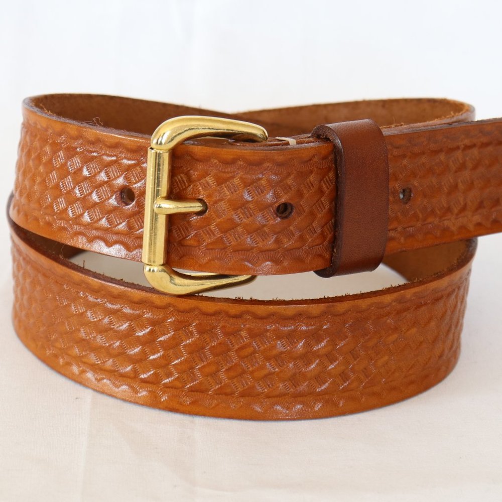 37" Handmade leather belt 100% cow hide light brown basketweave embossed Q
